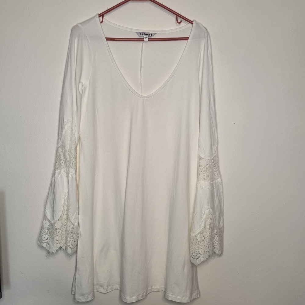​Express White Dress - Bell Sleeves with Floral Lace Trim Sz Large
